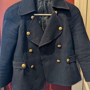 Ellen Tracy Textured Navy Waffle Knit Blazer with Gold Accents